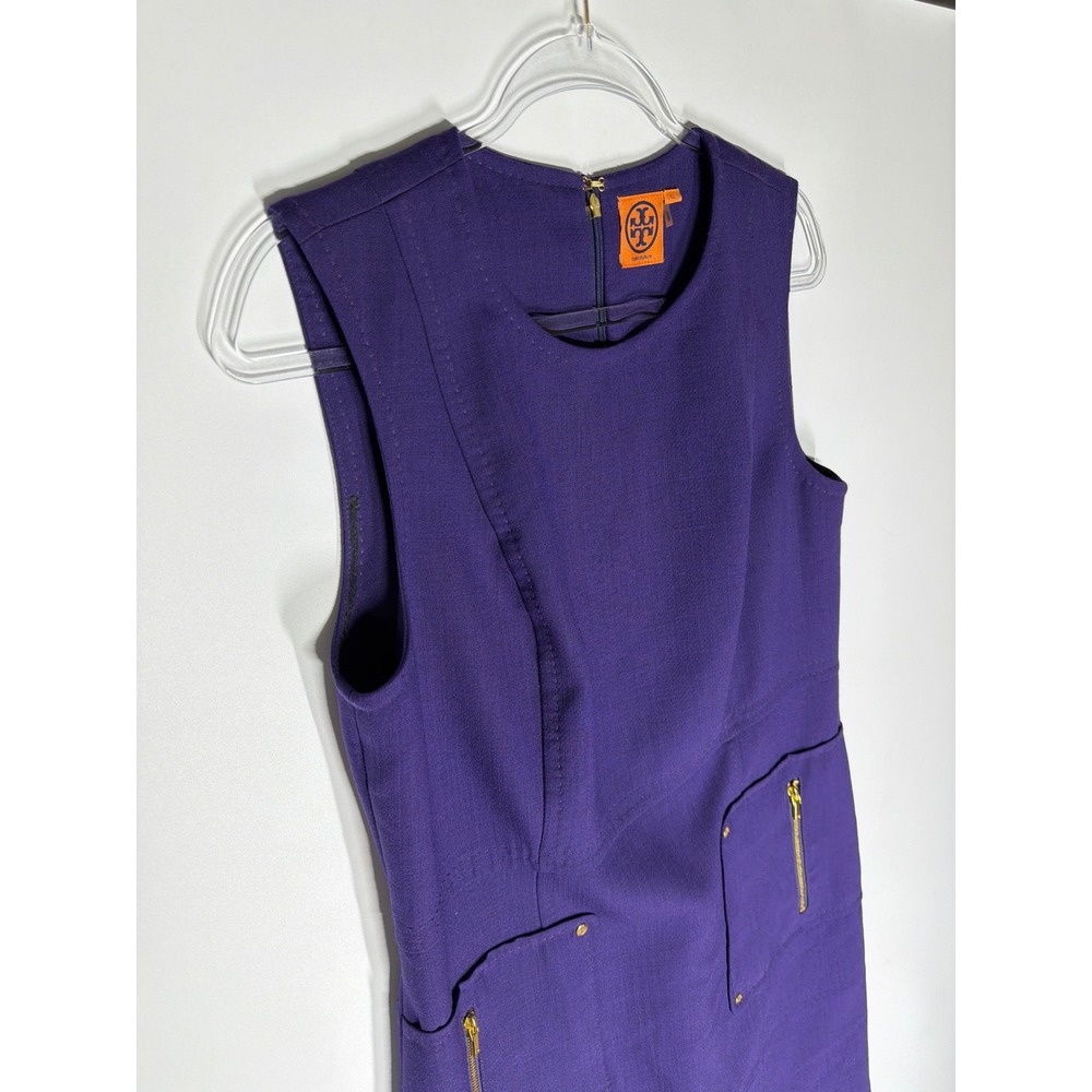 Tory Burch Petra Purple Sleeveless Sheath Dress Wool Blend Gold Hardware Size 12 - Picture 5 of 14